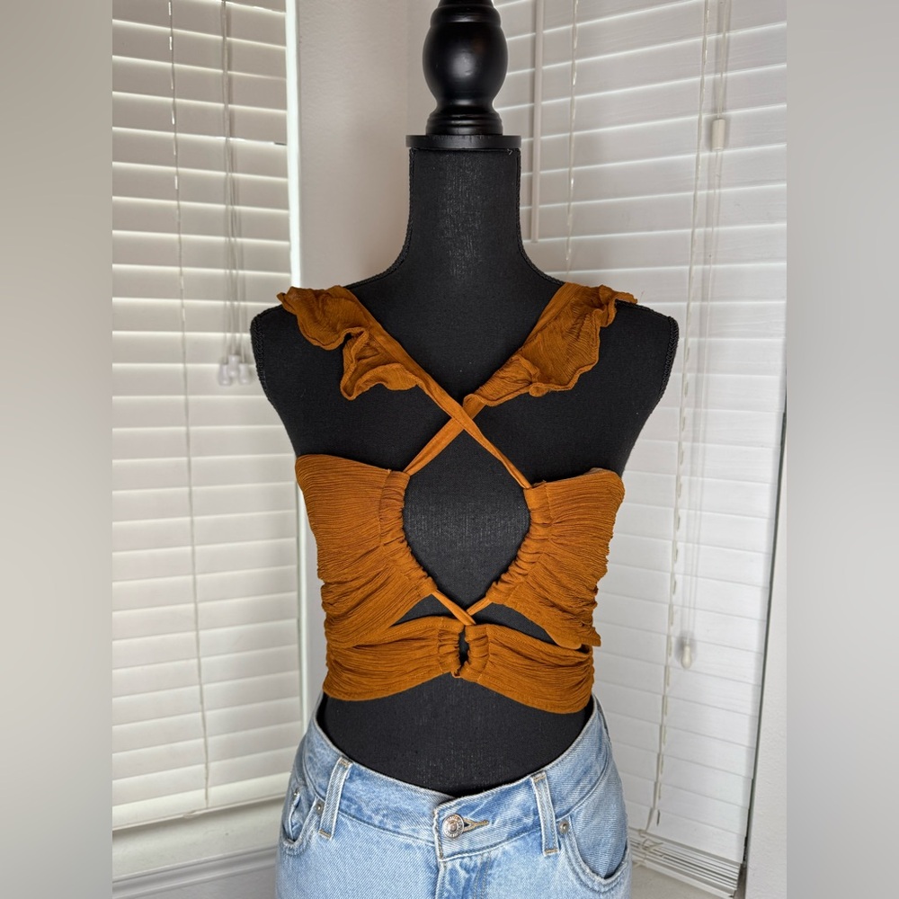 Tularosa Rust Ruffled Cross-Back Crop Top